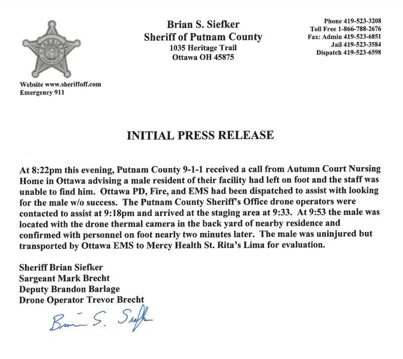 Putnam County Sheriff's Office press release for missing nursing home resident